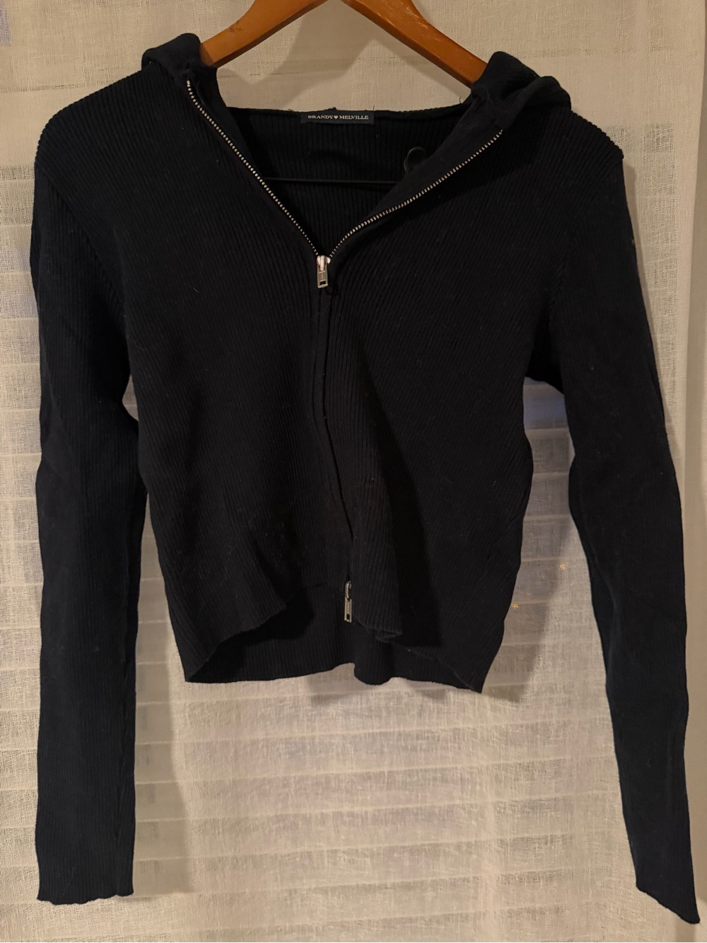 Brandy Melville Black Zip-Up Hooded Ribbed Sweater - Picture 1 of 1